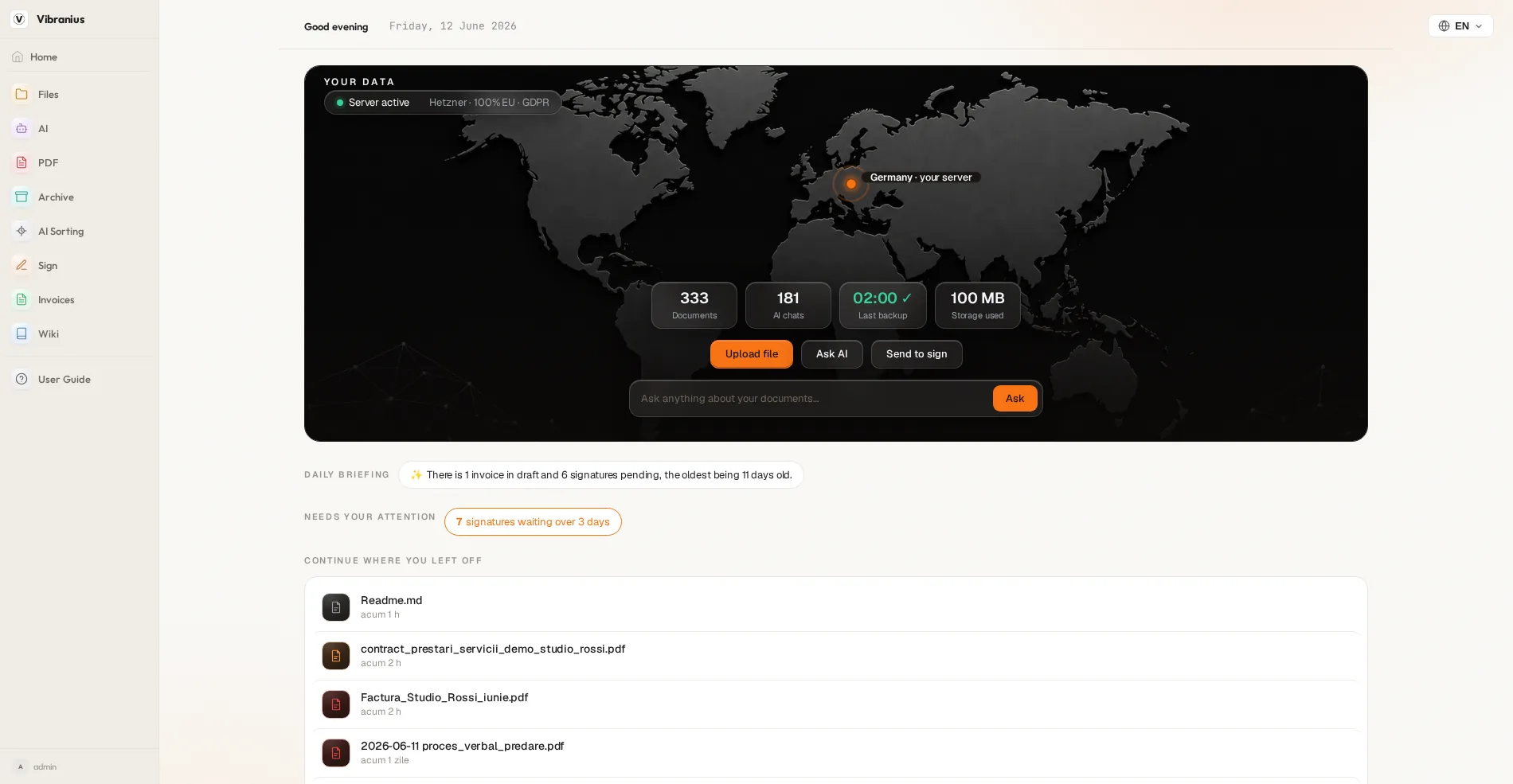 Vibranius portal home — files, AI chat and live stats on your own server