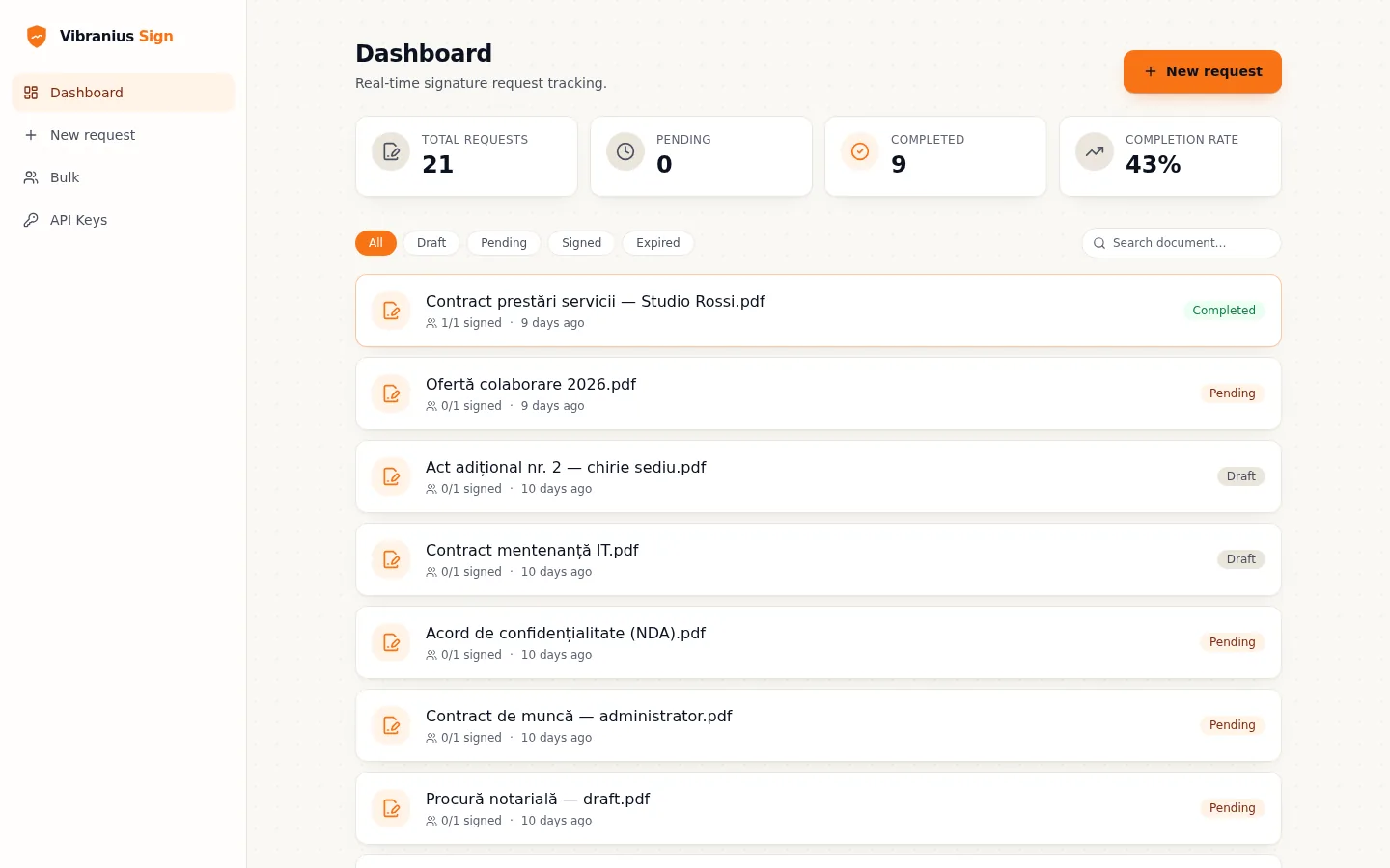 Vibranius Sign dashboard with signature requests and live statuses